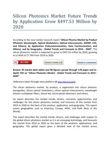 Silicon Photonics Market by Applications (Telecommunication, Datacom) Grow $410.78 Million by 2020