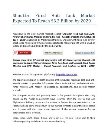 Shoulder Fired Anti Tank Market Expected To Reach $3.2 Billion by 2020