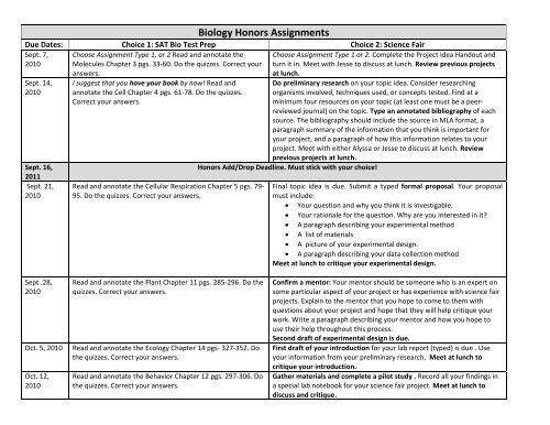 Biology Honors Assignments