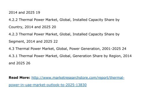 Thermal Power in UAE  Market ,  Outlook  2025, Update 2015 ,Capacity, Generation, Levelized Cost of Energy (LCOE), Investment Trends, Regulations and Company Profiles