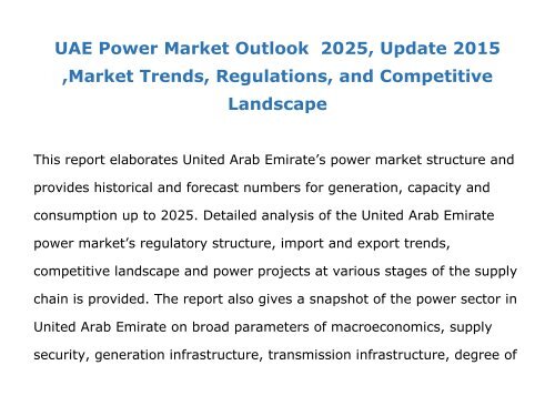 UAE Power Market Outlook  2025, Update 2015 ,Market Trends, Regulations, and Competitive Landscape