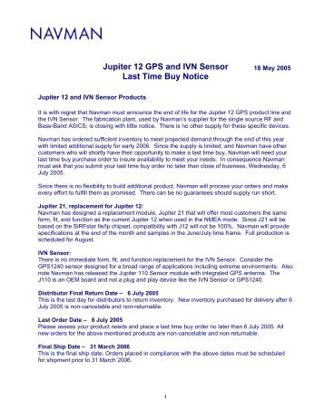 Jupiter 12 GPS and IVN Sensor Last Time Buy Notice - Codico