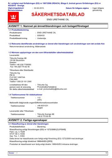 SÃKERHETSDATABLAD ENSI URETANOLJA 1 ... - Tikkurila