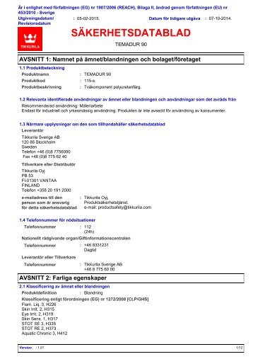 SÃKERHETSDATABLAD TEMADUR 90 1. NAMNET PÃ ... - Tikkurila