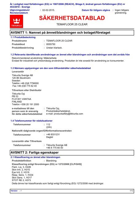 SÃKERHETSDATABLAD TEMAFLOOR 25 1. NAMNET ... - Tikkurila