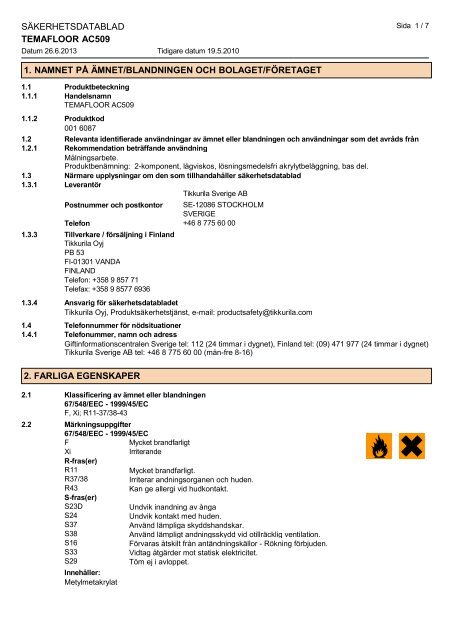 SÃKERHETSDATABLAD TEMAFLOOR AC509 1 ... - Tikkurila