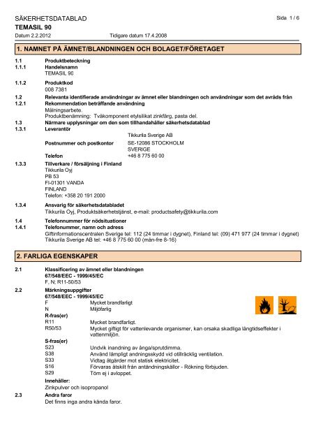 SÃKERHETSDATABLAD TEMASIL 90 del B (zinkpasta) 1 ... - Tikkurila