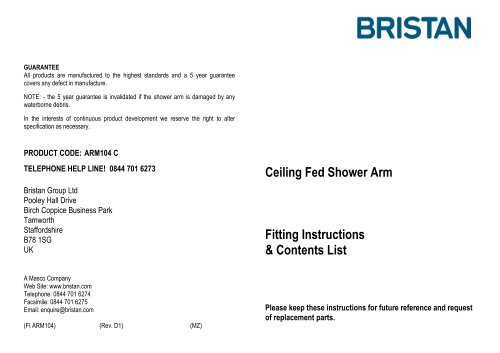 Ceiling Fed Shower Arm Fitting Instructions Contents List