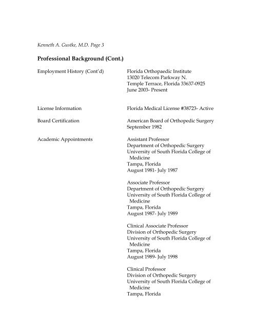 KENNETH A. GUSTKE, M.D. Curriculum Vitae - Florida Orthopaedic ...