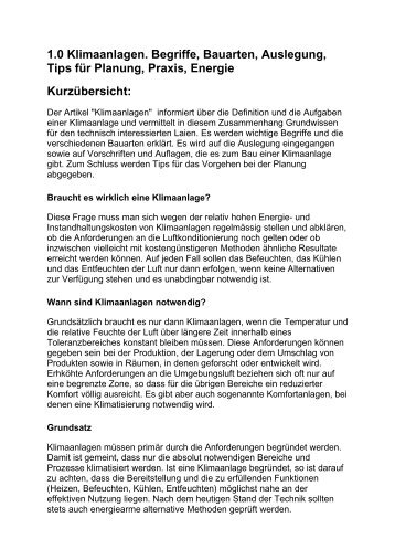 1.0 Klimaanlagen. Begriffe, Bauarten, Auslegung, Tips für Planung ...