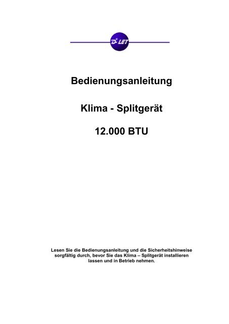 Bedienungsanleitung Klima - Splitgerät 12.000 BTU