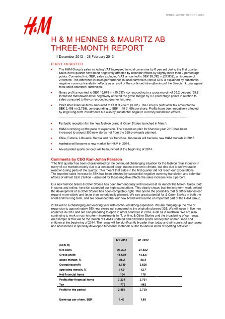 H & M HENNES & MAURITZ AB THREE-MONTH REPORT - Cision