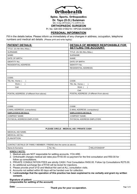 Personal Information for Orthopaedic Surgery - Orthohealth