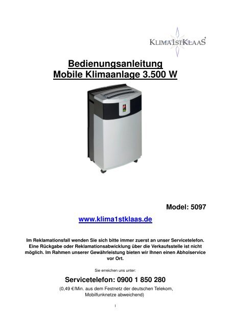 Bedienungsanleitung Mobile Klimaanlage 3.500 W - Klima1stKlaas