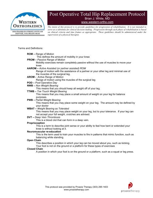 Post Operative Total Hip Replacement Protocol