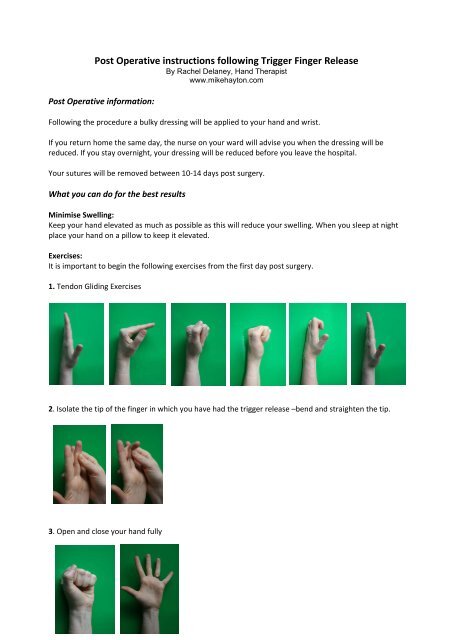 Post Operative instructions following Trigger Finger ... - Mike Hayton