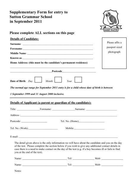 Supplementary Form for entry to Sutton Grammar School in ...