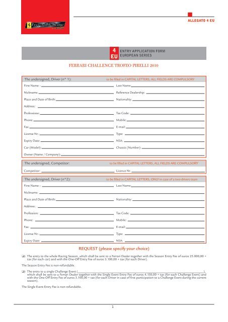 REQUEST (please specify your choice) FERRARI CHALLENGE ...