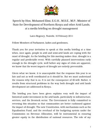 Speech by Hon. Mohamed Elmi, EGH, MBE, MP, Minister of State for ...