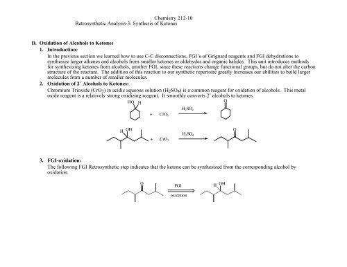 D. Oxidation of Alcohols to Ketones 1. Introduction: In the previous ...