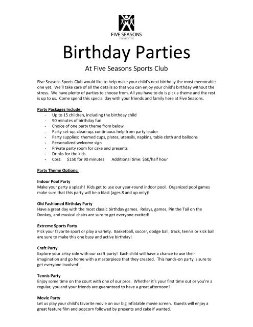 Birthday Parties - Five Seasons Sports Club