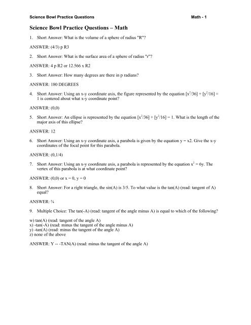 Science Bowl Practice Questions â Math