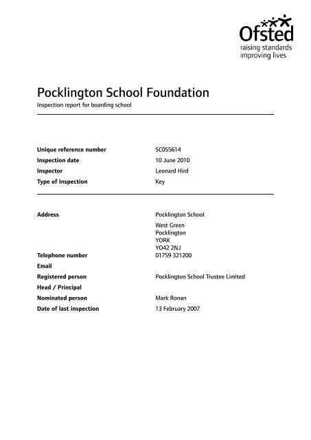 Ofsted boarding inspection report 2010 - Pocklington School