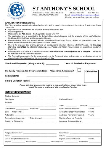 Kindergarten to Year 6 application form - St Anthony's School ...
