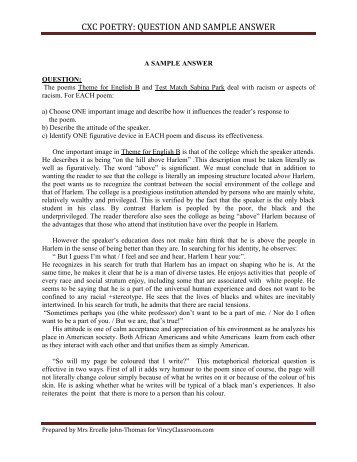 CXC POETRY: QUESTION AND SAMPLE ANSWER - VincyClassroom
