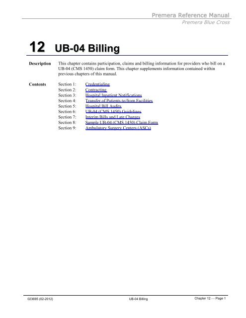 UB-04 Billing - Premera Blue Cross