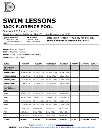 2013 Jack Florance Pool swim lesson schedule