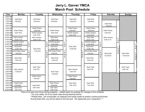 Jerry L. Garver YMCA March Pool Schedule