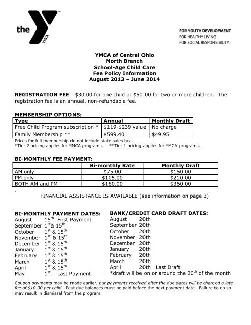 North YMCA - Fee Sheet - YMCA of Central Ohio