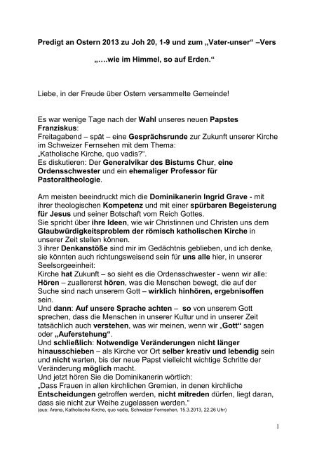Predigt An Ostern 2013 Zu Joh 20 1 9 Und Zum A Zvater Unsera