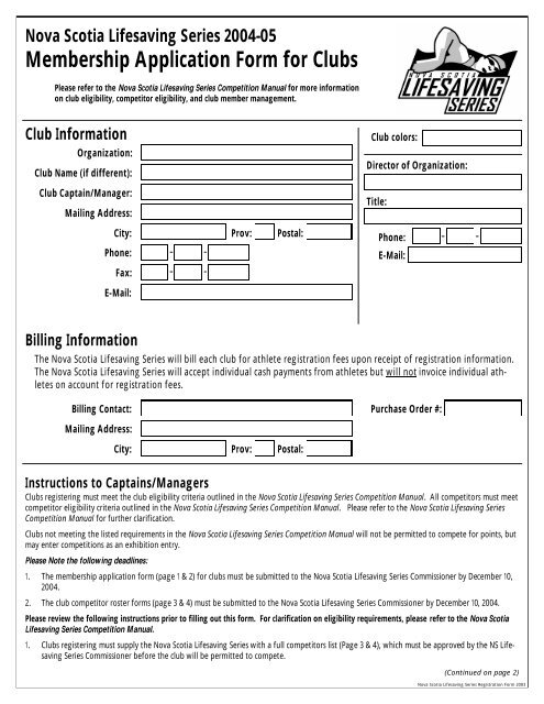 Membership Application Form For Clubs Lifesaving Society