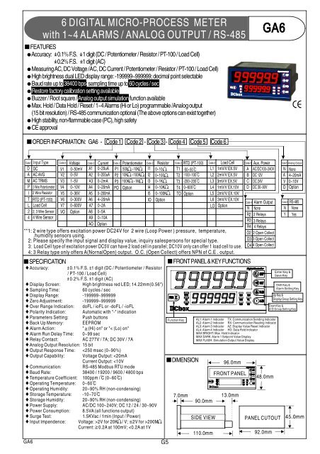6 DIGITAL MICRO-PROCESS METER with 1~4 ALARMS / ANALOG ...