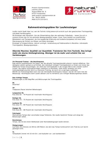 RahmentrainingsplÃ¤ne fÃ¼r Laufeinsteiger - Proactiv-sportpromotion.de