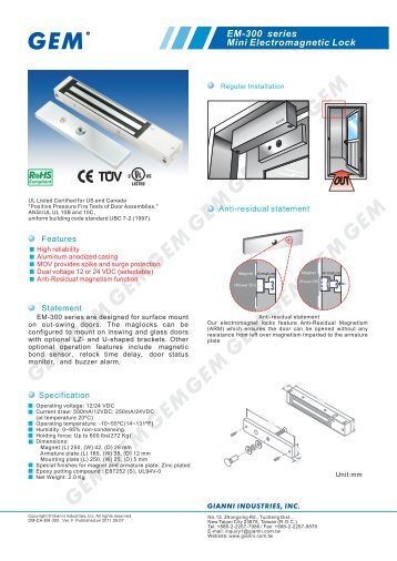 EM-300 series Mini Electromagnetic Lock - GEM,Gianni Industries, Inc.