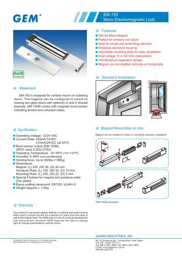 EM-150 Micro Electromagnetic Lock - GEM,Gianni Industries, Inc.