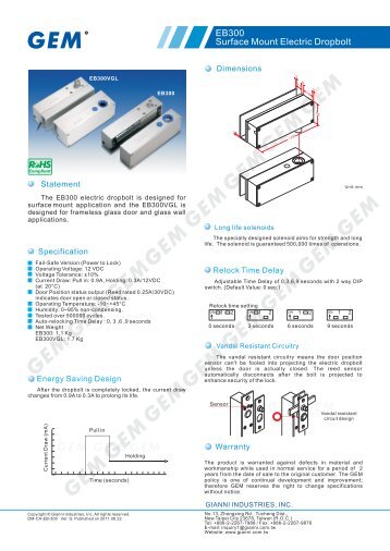 EB300 Surface Mount Electric Dropbolt - GEM,Gianni Industries, Inc.