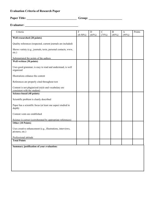 evaluation criteria for research paper