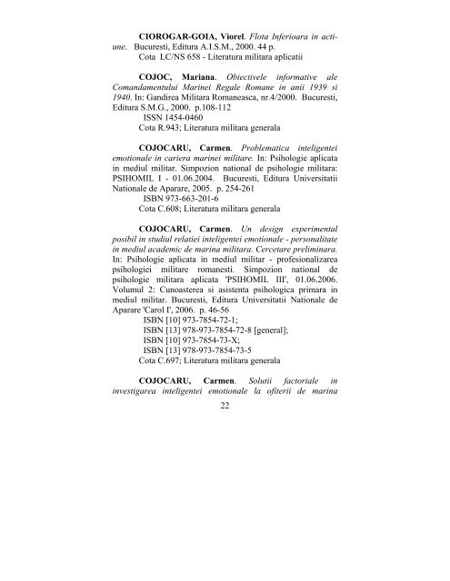 catalog adrese web - Universitatea Naţională de Apărare "Carol I"