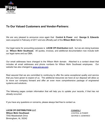 To Our Valued Customers and Vendor-Partners: - Wilson Mohr