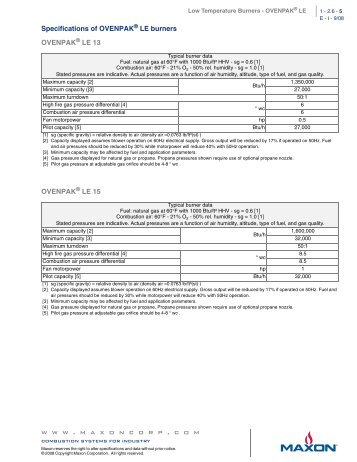 Ovenpak LE Burners Specifications - Wilson Mohr