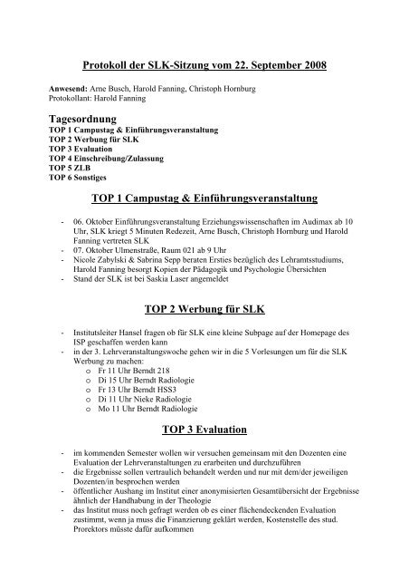 Protokoll der SLK-Sitzung vom 19