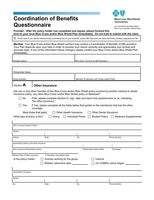 what is a coordination of benefits questionnaire