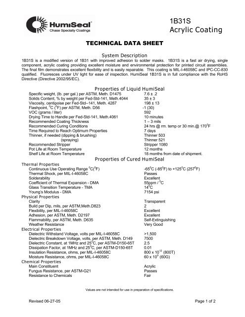 HumiSealÂ® 1B31S - Central Coating