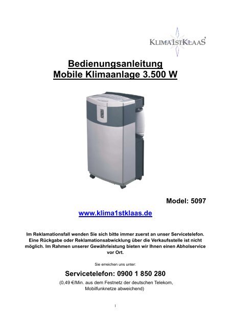Bedienungsanleitung Mobile Klimaanlage 3.500 W Model: 5097