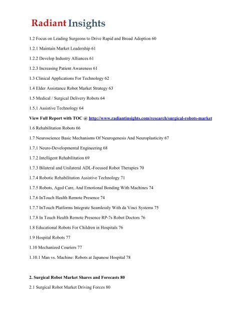 Surgical Robots Market Share, Size, Growth, Trend and Forecast to 2015-2021 Radiant Insights, Inc