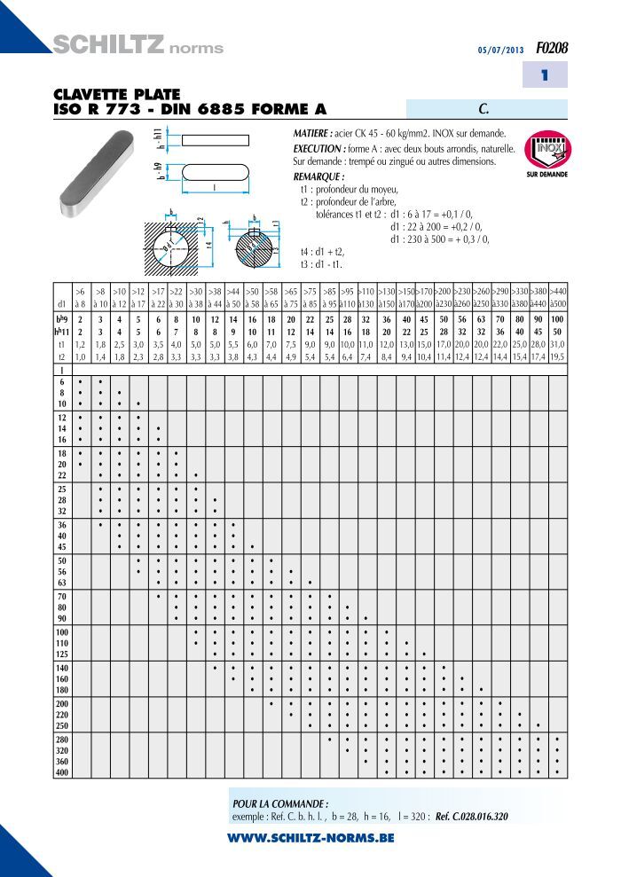 ISO 773 / DIN 6885 A, Passfeder, 20x12x110, C45+C, blank